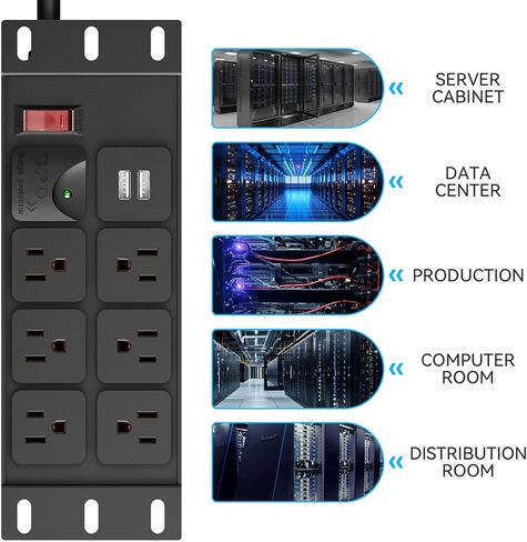 حامل PDU- 2U (6 منافذ)، وحدة توزيع طاقة الحامل مع حماية من زيادة التيار 1020J (كابل 125 فولت/15 أمبير 14AWG بطول 6 أقدام) و2 USB-A، حامل حامل لـ 10 ملحقات حامل خادم صغير، خزائن الشبكة/الرف/ذاتي in Kuwait