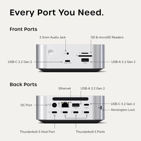 قاعدة إرساء Satechi Thunderbolt 5 CubeDock™، بسرعة 80 جيجابت في الثانية/120 جيجابت في الثانية (متوافقة مع USB4 v2)، حاوية NVMe SSD مدمجة، شحن 140 وات، شاشات متعددة تصل إلى 8K، 2.5 جيجابت في الثانية، USB-C/A بسرعة 10 جيجابت في الثانية، تبريد نشط، فضي in Kuwait