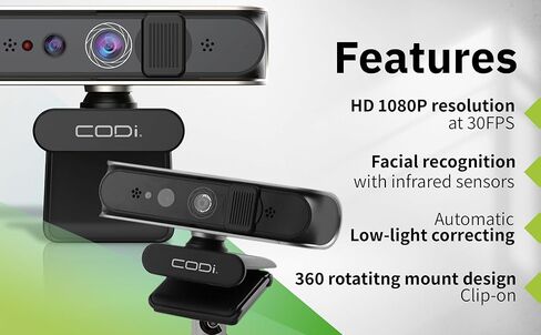 CODi Allocco HD 1080P IR Webcam with Windows Hello Facial Recognition, 30FPS USB-A Camera with Built-in Microphone, Auto Low-Light Correction for Video Conferencing & Streaming in Saudi Arabia