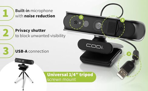 CODi Allocco HD 1080P IR Webcam with Windows Hello Facial Recognition, 30FPS USB-A Camera with Built-in Microphone, Auto Low-Light Correction for Video Conferencing & Streaming in Saudi Arabia