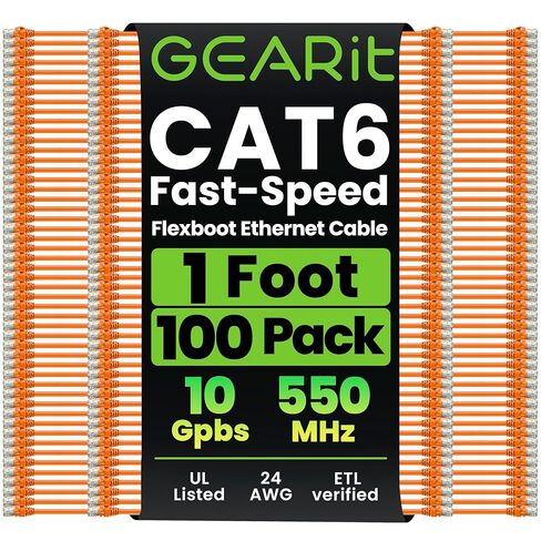 GEARit 100-Pack Cat6 Patch Cable 1 Foot Cat 6 Ethernet Cable Snagless Flexible Soft Tab - Premium Series - Orange in Saudi Arabia