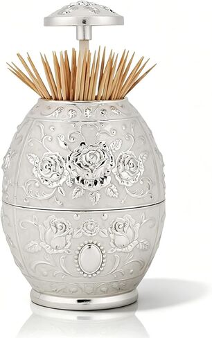 Automatic Toothpick Holder, Vintage Metal Hand Press Toothpick Dispenser Zinc Alloy Flower Pattern Portable Retractable Toothpicks Case Can Box Container for Home Restaurant 1PCS (Silver) in Saudi Arabia