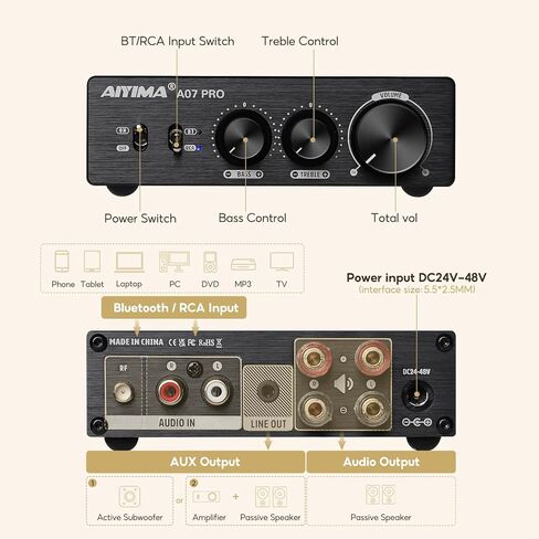 AIYIMA A07 Pro TPA3255 مضخم صوت ستيريو بلوتوث 5.2 300Wx2 2.0/2.1 HiFi Class D Amp وAIYIMA A3001 Mini Mono Amp 300W مضخم صوت in Saudi Arabia