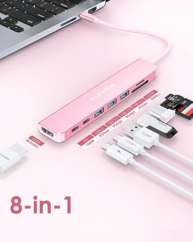 موزع LENTION 8 في 1 USB-C مع HDMI 4K 60 هرتز، توصيل طاقة 100 وات، بيانات USB C بسرعة 5 جيجابت في الثانية، 3 منافذ USB 3.0 وmicroSD وقارئ بطاقات SD لأجهزة MacBook Pro 2025-2016، Mac Air/Surface الجديد، المزيد (CB-CE18s، ذهبي وردي) in Saudi Arabia