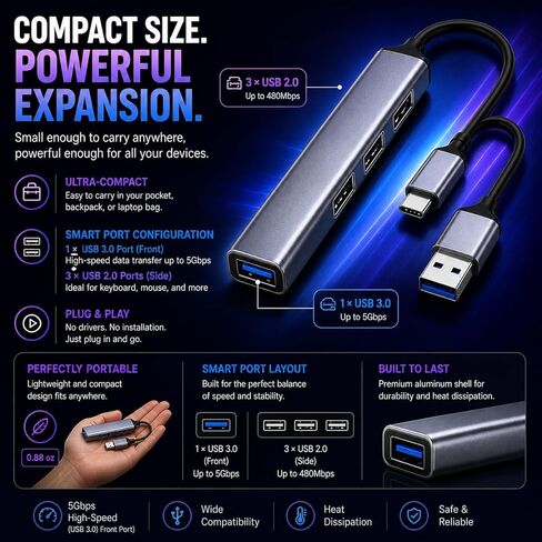 موزع USB C 4 منافذ، محول USB C إلى USB متعدد المنافذ، محور USB 3.0 من الألومنيوم، التوصيل والتشغيل، متوافق مع MacBook وiMac والكمبيوتر المحمول وiPad والكمبيوتر الشخصي - نمط Prime in Kuwait