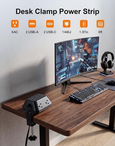 Desk Clamp Power Strip, Surge Protector with 6 AC Outlets and 4 USB Ports, Desk Mount Charging Station, Fit 1.97in Tabletop Edge Thick, 6FT Extension Cord, for Home Office Gaming Accessories in Saudi Arabia
