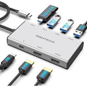 محول متعدد المنافذ USB C 7 في 1 من RSHTECH مع HDMI 2x4K@60 هرتز، ومنافذ بيانات USB-3.0 (3A+1C)، و100 وات PD، ومحطة إرساء USB-C من الألومنيوم وشاشة مزدوجة لأجهزة الكمبيوتر المحمولة وأجهزة MacBook in Kuwait