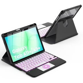 حافظة لوحة مفاتيح دوارة CACOE لجهاز Samsung Galaxy Tab A11 Plus / A9 Plus 2025/2023 11 بوصة مع لوحة لمس، إضاءة خلفية 7 ألوان، لوحة مفاتيح لاسلكية قابلة للفصل، دوران 360 درجة مع وظيفة الحامل، أسود in Kuwait