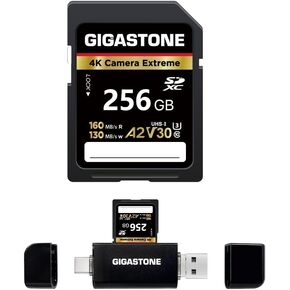 【استعادة البيانات لمدة 5 سنوات】 بطاقة SD سعة 256 جيجابايت من GIGASTONE مع قارئ بطاقة USB من النوع C، وكاميرا 4K Extreme، وبطاقة ذاكرة A2 V30 U3 C10 SDXC عالية السرعة، متوافقة مع كاميرا Canon Kodak Olympus الرقمية in Kuwait