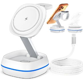 محطة شحن لاسلكية Magsafe 3 في 1 معتمدة من MFI، شاحن Magsafe بقدرة 15 وات، حامل مغناطيسي قابل للطي أثناء السفر لسلسلة iPhone 17/16/15/14/13/12، وiWatch، وAirpods، وكابل مدمج قابل للسحب in Kuwait