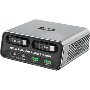 محطة شحن سطح المكتب بـ 6 منافذ GaN مع كابلات PD مزدوجة قابلة للسحب، شاحن USB C سريع من FARSENSE للمنزل والمكتب والسفر، متوافق مع iPhone 17/16 وMacBook وiPad وSamsung in Kuwait