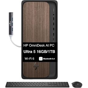 كمبيوتر سطح المكتب HP OmniDesk M03 Business AI (Intel Ultra 5 225، 16GB DDR5، 1TB PCIe SSD، Intel Graphics، 280W PSU، WiFi 6، BT 5.4، USB-C، RJ-45، منفذ العرض، HDMI، Win 11 Home) مع موسع منفذ USB DKZ in Kuwait