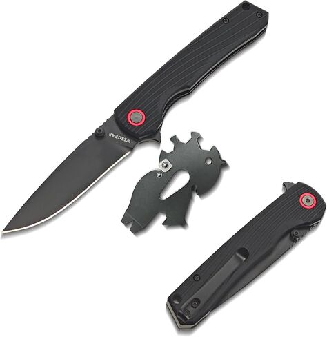 D2 Steel Folding Pocket Knife with Side Lock - 4.48" Military Green G10 Handle, Titanium Coated EDC Blade, Survival Tool + Bonus Pocket Wire Saw in Saudi Arabia