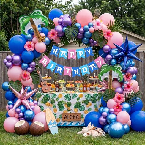 Blue pink purple Balloon Garland Kit with Hawaii Ohana theme birthday banner plam tree mylar balloons for Summer Tropical aloha cartoon birthday party gender reveal Baby shower decorations in Saudi Arabia