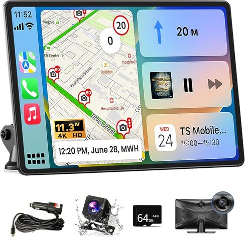 Wireless Carplay Screen for Car, 11.3" Extra Large A-pple CarPlay & Android Auto Screen with 4K Dashcam & 1080P Backup Camera, Car Stereo with Mirror Link, Voice Control, GPS, Bluetooth, AUX, FM in Kuwait