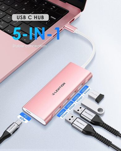 LENTION USB C Hub with 4 USB 3.0 & Type C Charging Compatible 2025-2016 MacBook Pro, 2025-2018 Mac Air, New Surface, Chromebook, More, Stable Driver Certified Type C Multiport Adapter (Rose Gold) in Saudi Arabia