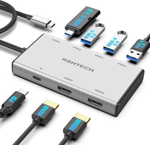 محول متعدد المنافذ USB C 7 في 1 من RSHTECH مع HDMI 2x4K@60 هرتز، ومنافذ بيانات USB-3.0 (3A+1C)، و100 وات PD، ومحطة إرساء USB-C من الألومنيوم وشاشة مزدوجة لأجهزة الكمبيوتر المحمولة وأجهزة MacBook in Kuwait