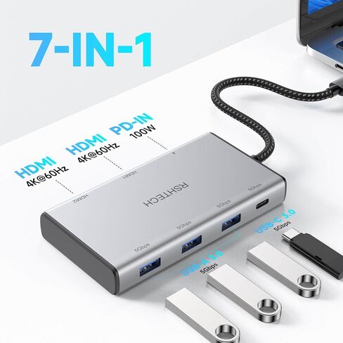 محول متعدد المنافذ USB C 7 في 1 من RSHTECH مع HDMI 2x4K@60 هرتز، ومنافذ بيانات USB-3.0 (3A+1C)، و100 وات PD، ومحطة إرساء USB-C من الألومنيوم وشاشة مزدوجة لأجهزة الكمبيوتر المحمولة وأجهزة MacBook in Kuwait