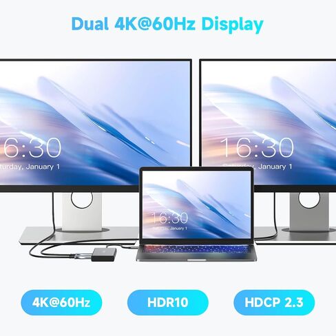 محول متعدد المنافذ USB C 7 في 1 من RSHTECH مع HDMI 2x4K@60 هرتز، ومنافذ بيانات USB-3.0 (3A+1C)، و100 وات PD، ومحطة إرساء USB-C من الألومنيوم وشاشة مزدوجة لأجهزة الكمبيوتر المحمولة وأجهزة MacBook in Kuwait