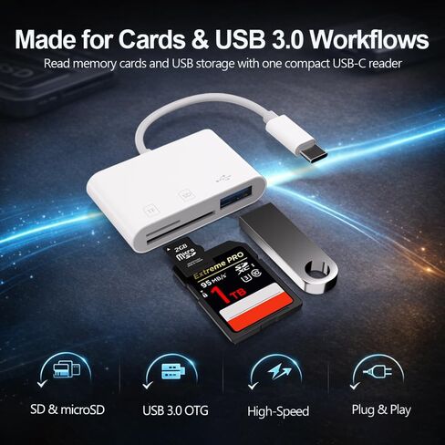 3-in-1 USB C Card Reader, High Speed USB 3.0 SD/TF/Micro SD Card Adapter with OTG, Memory Card Reader for iPhone 17/16/15 Pro Max, iPad, MacBook Pro/Air, GoPro, Dash Cam, Android & PC in Saudi Arabia