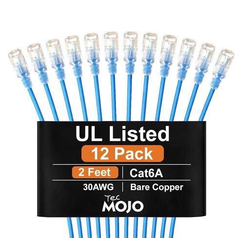 كابل إيثرنت Cat6a 2ft فائق النحافة مدرج من Tecmojo، 30AWG 100% من النحاس النقي، كابل شبكة 10 جيجابت في الثانية 550 ميجا هرتز لجهاز التوجيه والمودم وXbox والكمبيوتر المحمول والخوادم، 12 حزمة، أزرق in Kuwait
