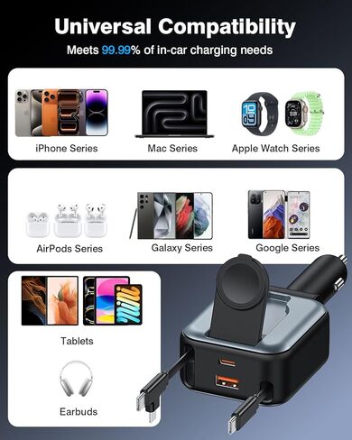 شاحن سيارة قابل للسحب 6 في 1، 100 واط USB C + USB A شحن سريع لهواتف iPhone 17/16/15/14/13/12/11، iWatch، Android، ملحقات السيارة الأساسية للسفر، هدية للرجال والنساء (رمادي) in Kuwait