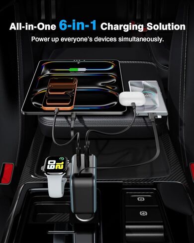 شاحن سيارة قابل للسحب 6 في 1، 100 واط USB C + USB A شحن سريع لهواتف iPhone 17/16/15/14/13/12/11، iWatch، Android، ملحقات السيارة الأساسية للسفر، هدية للرجال والنساء (رمادي) in Kuwait