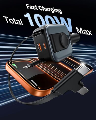 شاحن سيارة قابل للسحب 6 في 1، 100 واط USB C + USB A شحن سريع لهواتف iPhone 17/16/15/14/13/12/11، iWatch، Android، ملحقات السيارة الأساسية للسفر، هدية للرجال والنساء (رمادي) in Kuwait