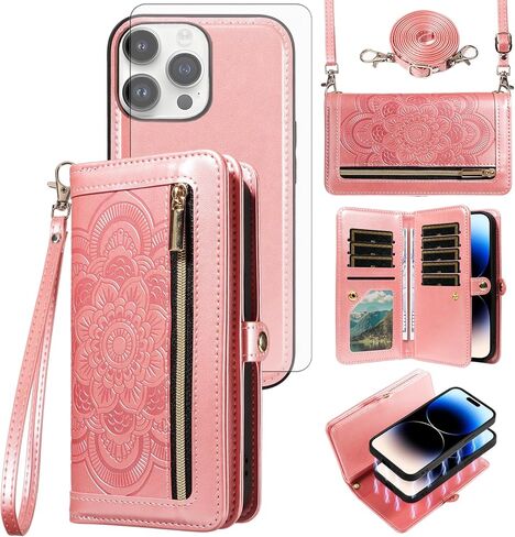 Asuwish Phone Case for iPhone 14 Pro 6.1 inch Zipper Wallet Magnetic Cell Cover with Tempered Glass Screen Protector Strap Flower Card Holder iPhone14Pro 5G i i-Phone i14 iPhone14 4 14Pro Women Purple in Saudi Arabia