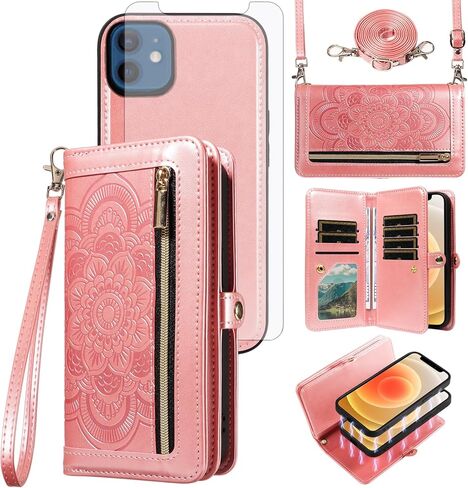 حافظة هاتف Asuwish لهاتف iPhone 12 Mini 5.4 بسحاب وغطاء خلوي قابل للفصل مع واقي شاشة من الزجاج المقسى وحزام كروس وحامل بطاقة زهرة iPhone12mini 5G i 12s iPhone12 12mini نسائي رمادي in Saudi Arabia