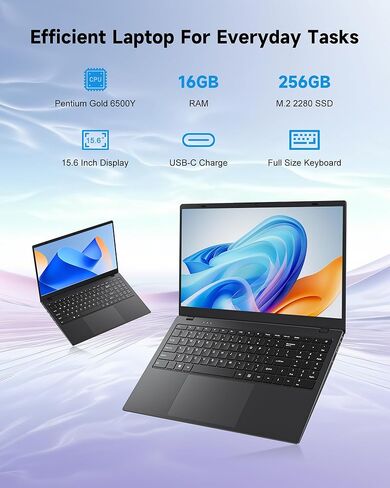كمبيوتر محمول 15.6 بوصة - ذاكرة وصول عشوائي 16 جيجا بايت ومحرك أقراص SSD سعة 256 جيجا بايت مع معالج Pentium 6500Y يصل إلى 3.4 جيجا هرتز، وشاشة IPS FHD 1080P، USB 3.2، USB C، WiFi5، BT5.2، 2026 كمبيوتر محمول محمول للعمل والمدرسة والمنزل in Kuwait