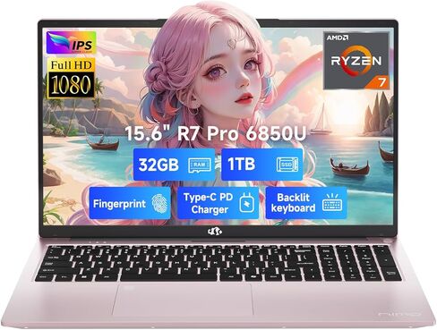 NIMO 15.6" IPS FHD-Business-Laptop, 8 Cores AMD Ryzen 7 Pro 6850U 32GB RAM 1TB SSD (Beat i7-1360P Up to 4.7GHz) Radeon 680M 100W Fast PD Backlit Keyboard for Content Creators & Student 2-Yr Warranty in Saudi Arabia