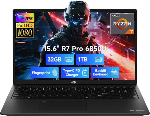 NIMO 15.6" IPS FHD-Business-Laptop, 8 Cores AMD Ryzen 7 Pro 6850U 32GB RAM 1TB SSD (Beat i7-1360P Up to 4.7GHz) Radeon 680M 100W Fast PD Backlit Keyboard for Content Creators & Student 2-Yr Warranty in Saudi Arabia