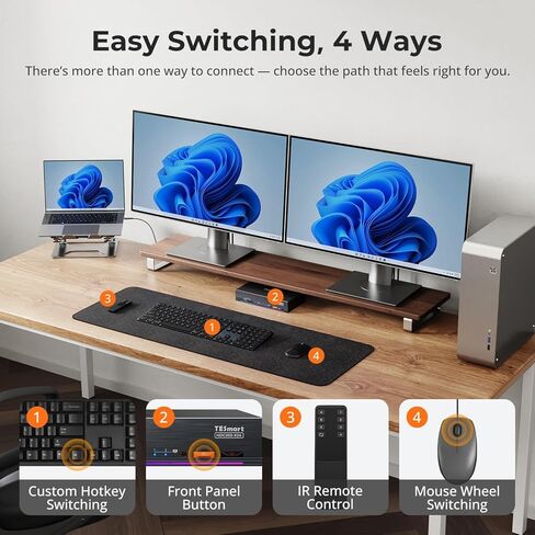 TESmart Thunderbolt 4 KVM Switch 2 Monitors 2 Computers USB-C 4K@60 هرتز، KVM Switch شاشة مزدوجة لجهاز كمبيوتر محمول واحد (TB4 USB C مع شحن 60 وات) و1 سطح مكتب (HDMI 2.0 وDP1.2)، شبكة جيجابت، EDID in Saudi Arabia