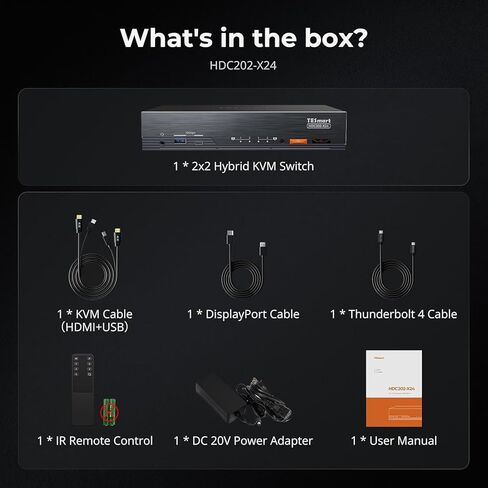 TESmart Thunderbolt 4 KVM Switch 2 Monitors 2 Computers USB-C 4K@60 هرتز، KVM Switch شاشة مزدوجة لجهاز كمبيوتر محمول واحد (TB4 USB C مع شحن 60 وات) و1 سطح مكتب (HDMI 2.0 وDP1.2)، شبكة جيجابت، EDID in Saudi Arabia