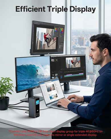 محطة إرساء الكمبيوتر المحمول Selore 3 شاشات، شاشة عرض ثلاثية 4K 3 HDMI 2 DP، شاشة ذكية مع الطقس، 100 وات PD، 10 جيجابت في الثانية USB A/C، جيجابت إيثرنت، قارئ SD/microSD لـ Dell/HP/Lenovo/Asus/Acer in Saudi Arabia