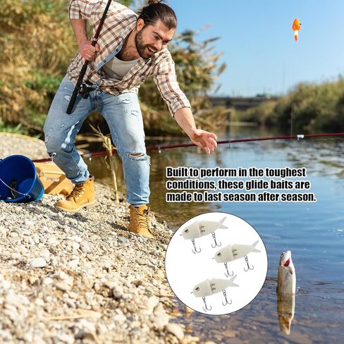 3Pcs Mini Glide Bait for Bass Fishing, Slow Sinking Multi Jointed Swimbait with Lifelike Swim Action, Sharp Carbon Steel Treble Hooks, Freshwater Saltwater Lures for Lakes Rivers Inshore Fishing in Saudi Arabia