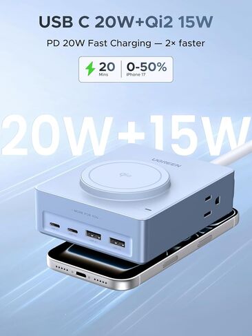 UGREEN Power Strip Surge Protector with 4 Power Outlets, 15w Wireless Charger, 20W PD3.0 USB C Fast Charging, 2 USB-C Ports, 2 USB A Ports, Desk Charging Station for Office, Conference, Home Use in Saudi Arabia