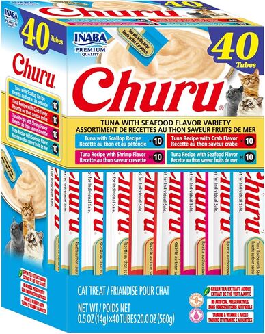 INABA Churu Cat Treats, Grain-Free, Lickable, Squeezable Creamy Purée Cat Treat/Topper with Vitamin E & Taurine, 0.5 Ounces Each Tube, 20 Tubes, Chicken Variety in Kuwait