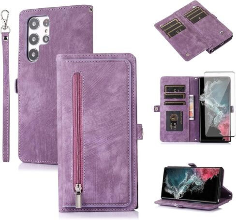 Asuwish Phone Case for Samsung Galaxy S22 Ultra 5G Wallet Cover with Tempered Glass Screen Protector and Crossbody Flip Zipper Card Holder Stand Cell S22ultra 22S S 22 S22ultra5g 6.8 Women Men Purple in Saudi Arabia