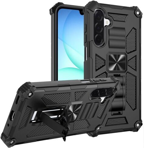 PT Tempered Glass + Machine Tactical Kickstand Stand Hybrid Cover Phone Case Compatible for Samsung Galaxy A17 S176V (Black) in Saudi Arabia