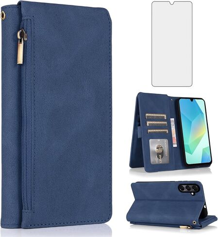 Compatible with Samsung Galaxy A16/A26 5G Wallet Case Tempered Glass Screen Protector and Zipper Retro Leather Flip Cover Card Holder Stand Cell Accessories for A 16 26 16A 26A 4G SM-A166U Blue in Saudi Arabia