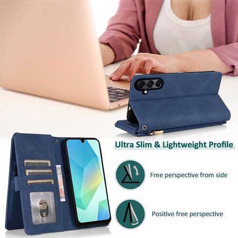 Compatible with Samsung Galaxy A16/A26 5G Wallet Case Tempered Glass Screen Protector and Zipper Retro Leather Flip Cover Card Holder Stand Cell Accessories for A 16 26 16A 26A 4G SM-A166U Blue in Saudi Arabia