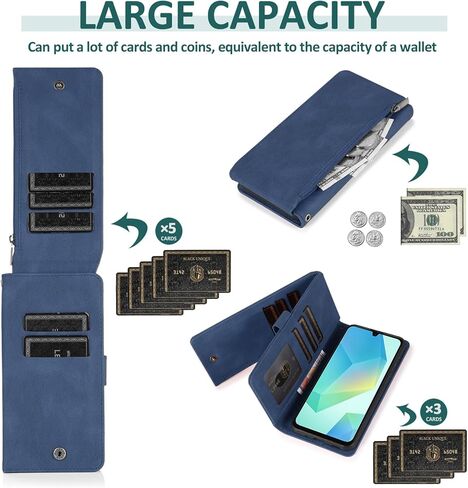 Compatible with Samsung Galaxy A16/A26 5G Wallet Case Tempered Glass Screen Protector and Zipper Retro Leather Flip Cover Card Holder Stand Cell Accessories for A 16 26 16A 26A 4G SM-A166U Blue in Saudi Arabia