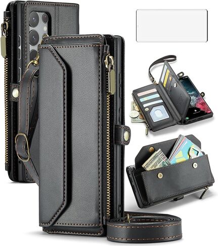Asuwish Phone Case for Samsung Galaxy S22 Ultra 5G Zipper Wallet Cover with Tempered Glass Screen Protector and Flip RFID Blocking Card Holder Cell S22ultra 22S S 22 S22ultra5g 6.8 Women Girls Black in Saudi Arabia