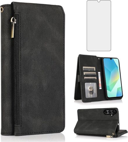 Compatible with Samsung Galaxy A16/A26 5G Wallet Case Tempered Glass Screen Protector and Zipper Retro Leather Flip Cover Card Holder Stand Cell Accessories for A 16 26 16A 26A 4G SM-A166U Blue in Saudi Arabia