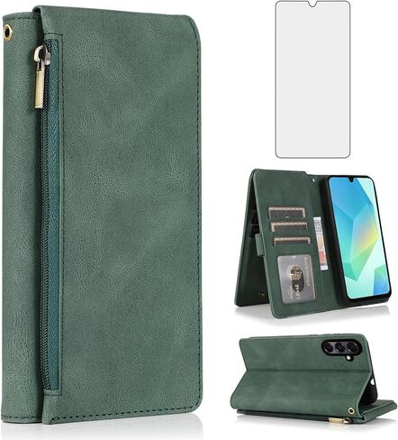 Compatible with Samsung Galaxy A16/A26 5G Wallet Case Tempered Glass Screen Protector and Zipper Retro Leather Flip Cover Card Holder Stand Cell Accessories for A 16 26 16A 26A 4G SM-A166U Blue in Saudi Arabia