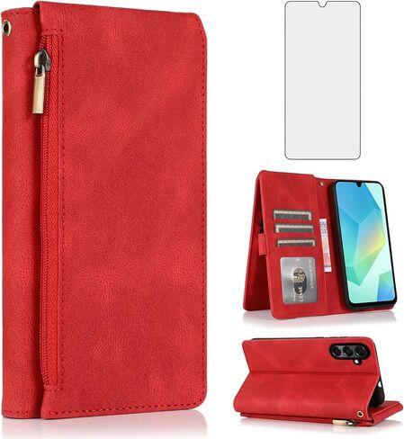 Compatible with Samsung Galaxy A16/A26 5G Wallet Case Tempered Glass Screen Protector and Zipper Retro Leather Flip Cover Card Holder Stand Cell Accessories for A 16 26 16A 26A 4G SM-A166U Blue in Saudi Arabia