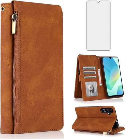 Compatible with Samsung Galaxy A16/A26 5G Wallet Case Tempered Glass Screen Protector and Zipper Retro Leather Flip Cover Card Holder Stand Cell Accessories for A 16 26 16A 26A 4G SM-A166U Blue in Saudi Arabia