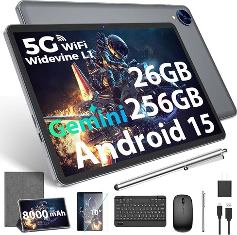 2026 Gemini AI Android 15 Tablet، 10 بوصة مع لوحة مفاتيح، 26 جيجابايت + 256 جيجابايت (توسيع 2 تيرابايت)، أجهزة لوحية 2 في 1 مع 8 النواة، 5G WiFi، 8000 مللي أمبير، GMS، GPS، أجهزة لوحية إلكترونية مع ماوس، حافظة، قلم (فضي) in Kuwait